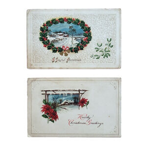 Antique Postcards Victorian Christmas Farm Snow Poinsettia Holly Embossed 2ct